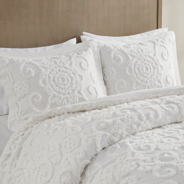 HomeRoots Set of Three Elegant White Medallion Comforter and Sham Bedding Set for Serene Decor Bliss 679902