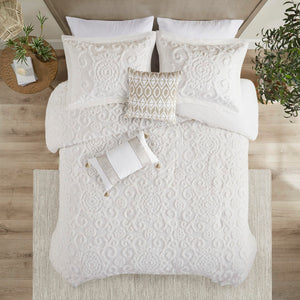 HomeRoots Set of Three Elegant White Medallion Comforter and Sham Bedding Set for Serene Decor Bliss 679902