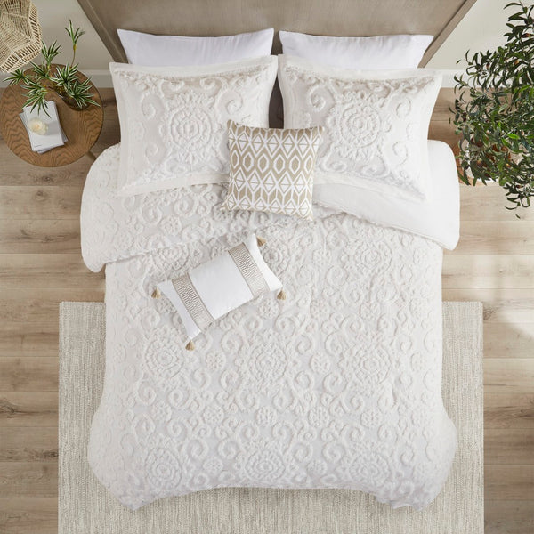 HomeRoots Set of Three Elegant White Medallion Comforter and Sham Bedding Set for Serene Decor Bliss 679902