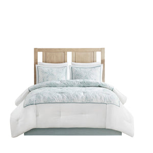 HomeRoots Set of Four White & Aqua King Ring Stitch Comforter and Sham Set for Serene Bedroom Elegance 679903