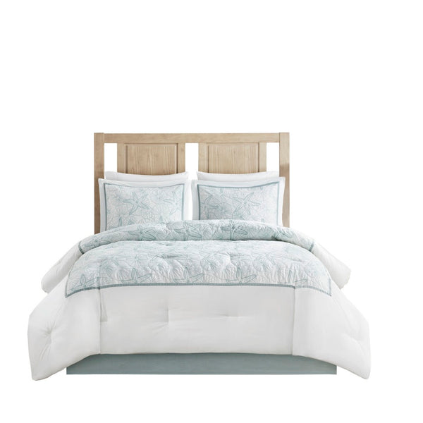 HomeRoots Set of Four White & Aqua King Ring Stitch Comforter and Sham Set for Serene Bedroom Elegance 679903