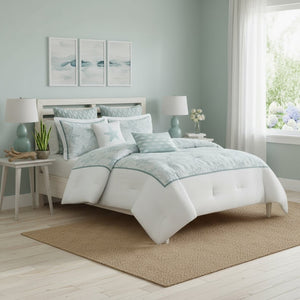 HomeRoots Set of Four White & Aqua King Ring Stitch Comforter and Sham Set for Serene Bedroom Elegance 679903