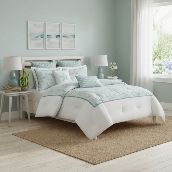HomeRoots Set of Four White & Aqua King Ring Stitch Comforter and Sham Set for Serene Bedroom Elegance 679903
