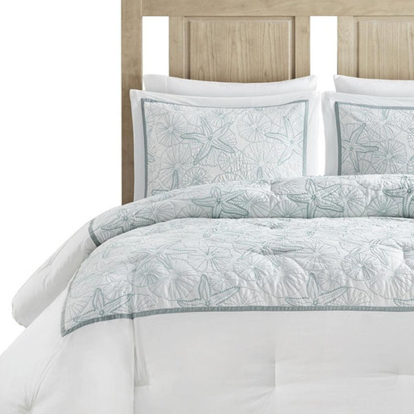 HomeRoots Set of Four White & Aqua King Ring Stitch Comforter and Sham Set for Serene Bedroom Elegance 679903