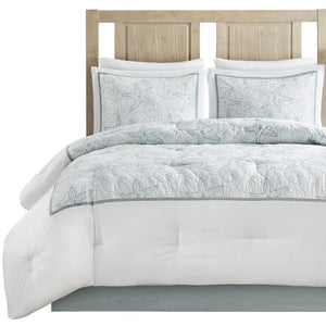 HomeRoots Set of Four White & Aqua King Ring Stitch Comforter and Sham Set for Serene Bedroom Elegance 679903