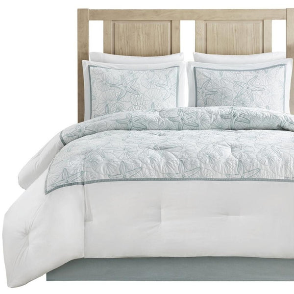HomeRoots Set of Four White & Aqua King Ring Stitch Comforter and Sham Set for Serene Bedroom Elegance 679903