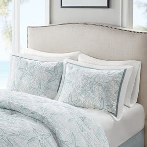 HomeRoots Set of Four White and Aqua Ring Stitch Comforter & Sham Set - Mid-Century Modern Bedroom Decor 679904