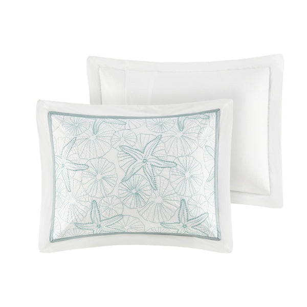 HomeRoots Set of Four White and Aqua Ring Stitch Comforter & Sham Set - Mid-Century Modern Bedroom Decor 679904
