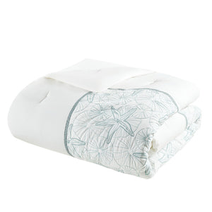 HomeRoots Set of Four White and Aqua Ring Stitch Comforter & Sham Set - Mid-Century Modern Bedroom Decor 679904