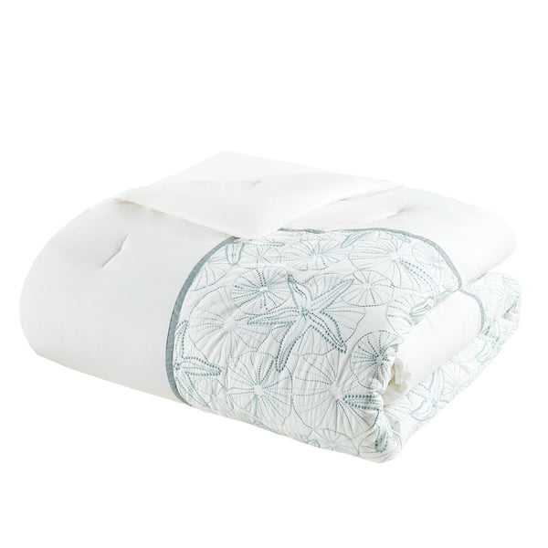HomeRoots Set of Four White and Aqua Ring Stitch Comforter & Sham Set - Mid-Century Modern Bedroom Decor 679904