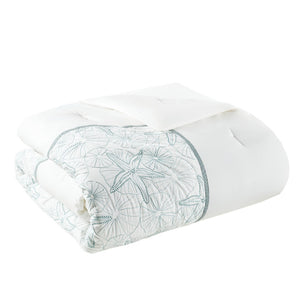 HomeRoots Set of Four White and Aqua Ring Stitch Comforter & Sham Set - Mid-Century Modern Bedroom Decor 679904
