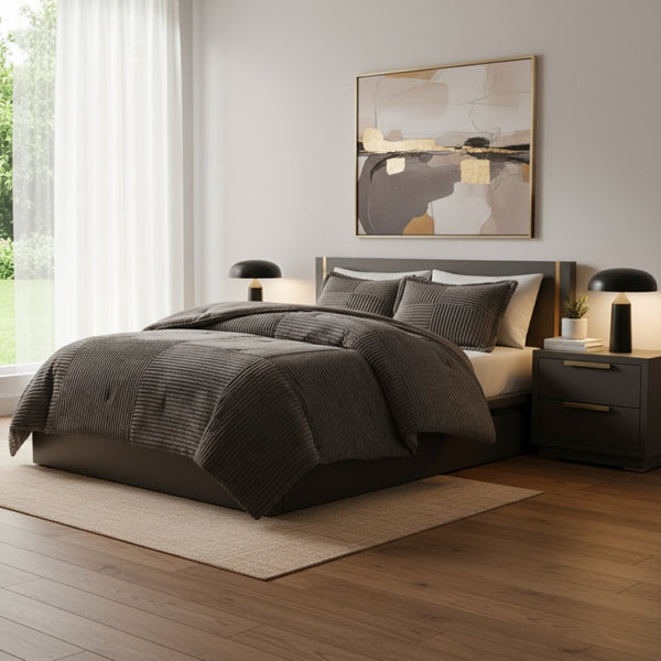 HomeRoots Set of Three Taupe King Comforter and Shams - Soft Polyester, Mid-Century Style for Cozy Bedrooms 679906