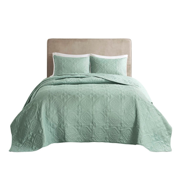 HomeRoots Set of Three Aqua Medallion Comforter and Ring Stitch Shams for a Vibrant Mid-Century Bedroom 679910