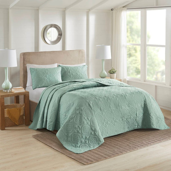 HomeRoots Set of Three Aqua Medallion Comforter and Ring Stitch Shams for a Vibrant Mid-Century Bedroom 679910