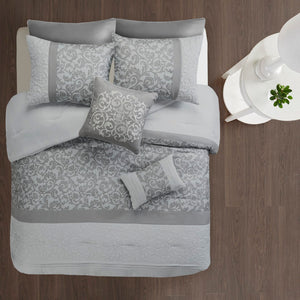 HomeRoots Set of Eight Elegant Gray and Ivory Damask Sham & Comforter – Soft, Lightweight, Stylish Bedding Set 679911