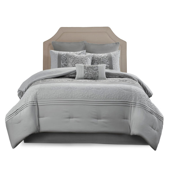 HomeRoots Set of Eight Elegant Gray and Ivory Damask Sham & Comforter – Soft, Lightweight, Stylish Bedding Set 679911