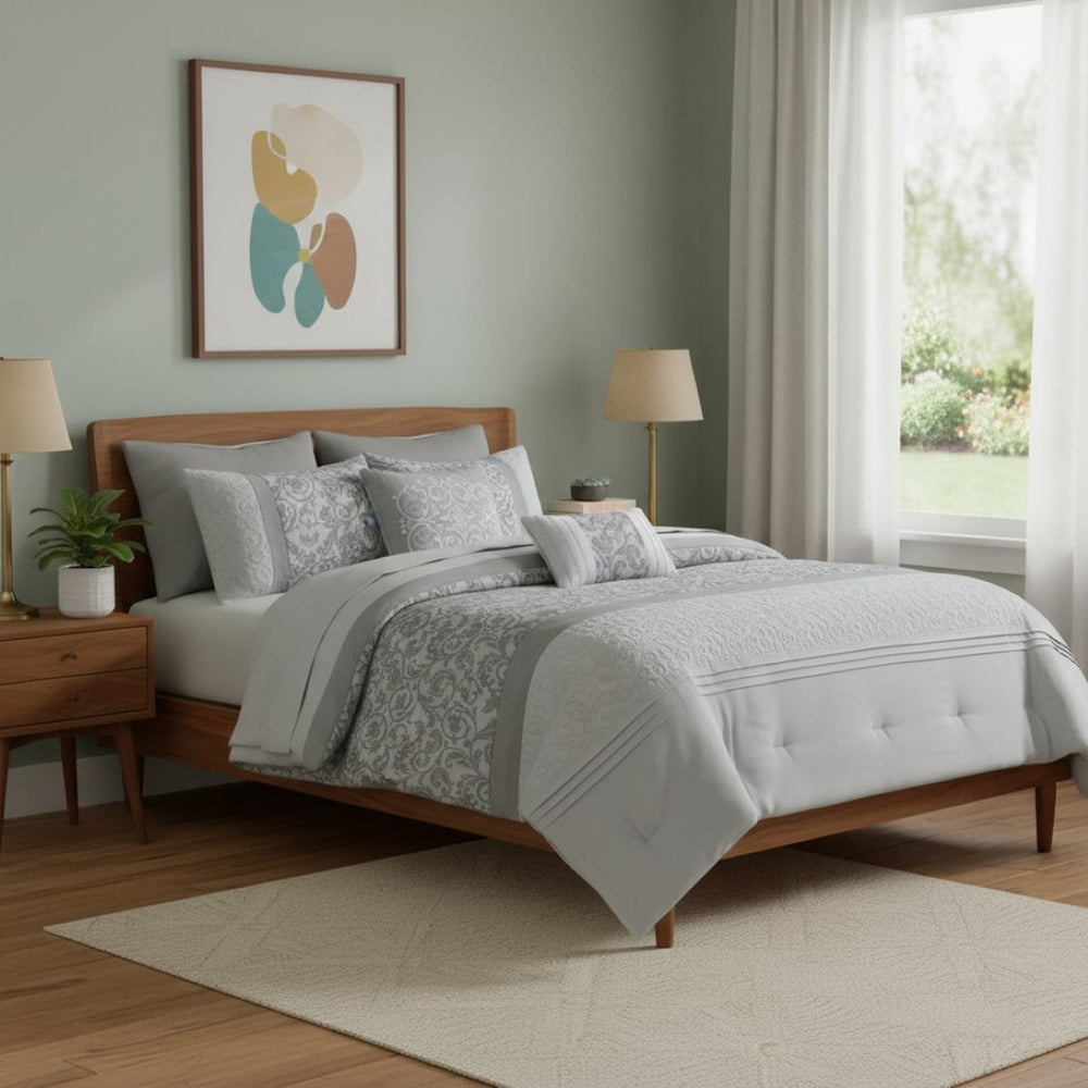HomeRoots Set of Eight Elegant Gray and Ivory Damask Sham & Comforter – Soft, Lightweight, Stylish Bedding Set 679911
