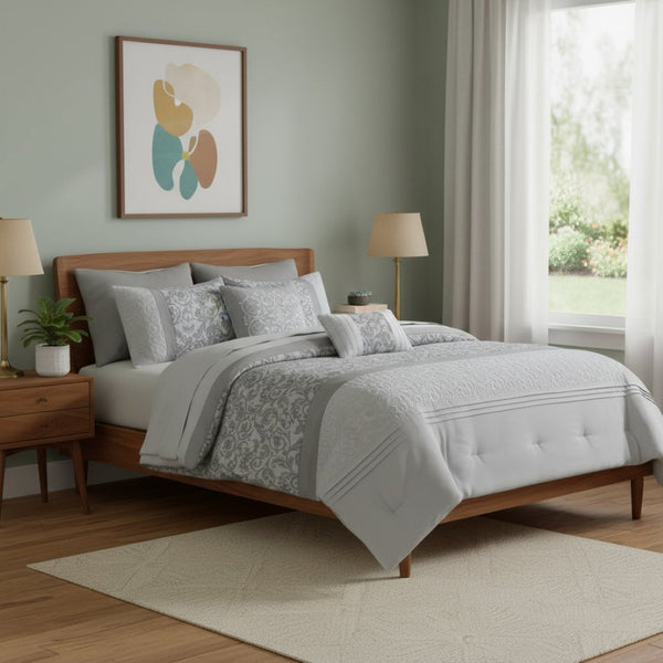 HomeRoots Set of Eight Elegant Gray and Ivory Damask Sham & Comforter – Soft, Lightweight, Stylish Bedding Set 679911