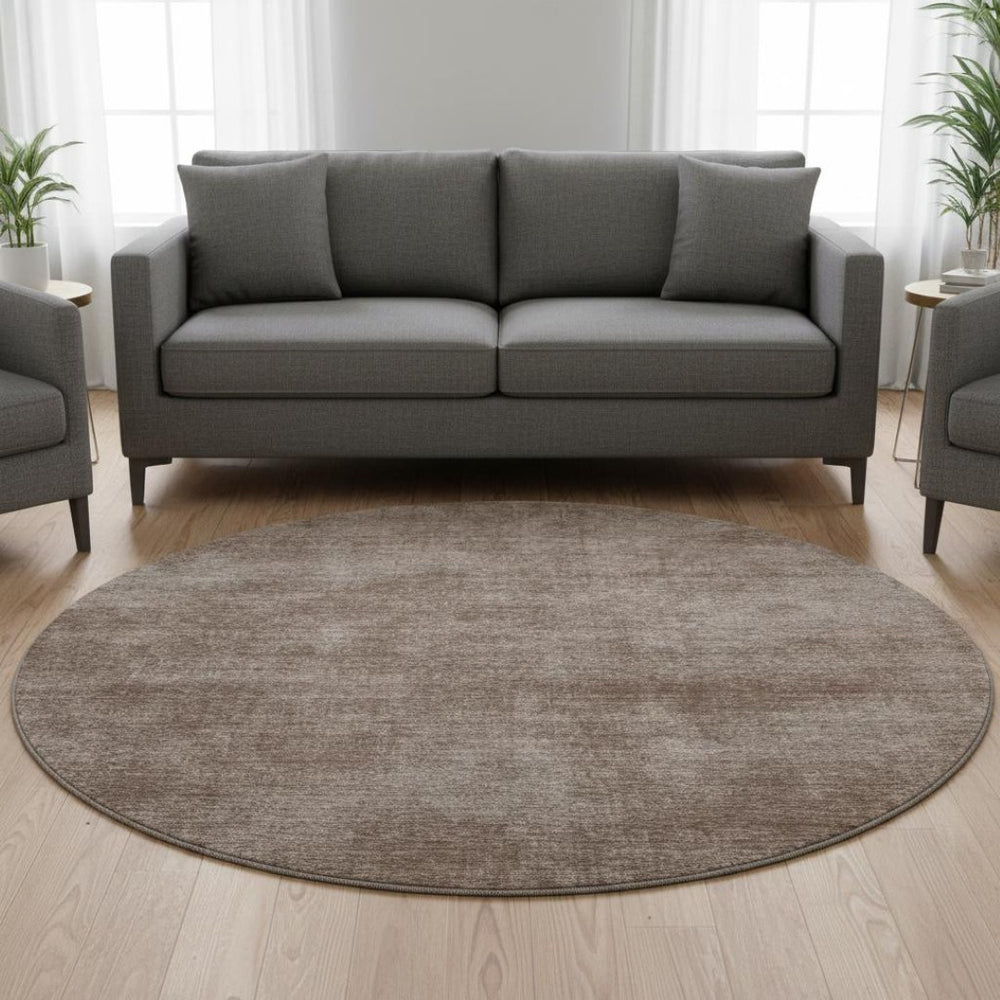 HomeRoots 8' Brown and Taupe Abstract Washable Round Rug - Durable, UV Protected, Stylish & Pet-Friendly Design 679920