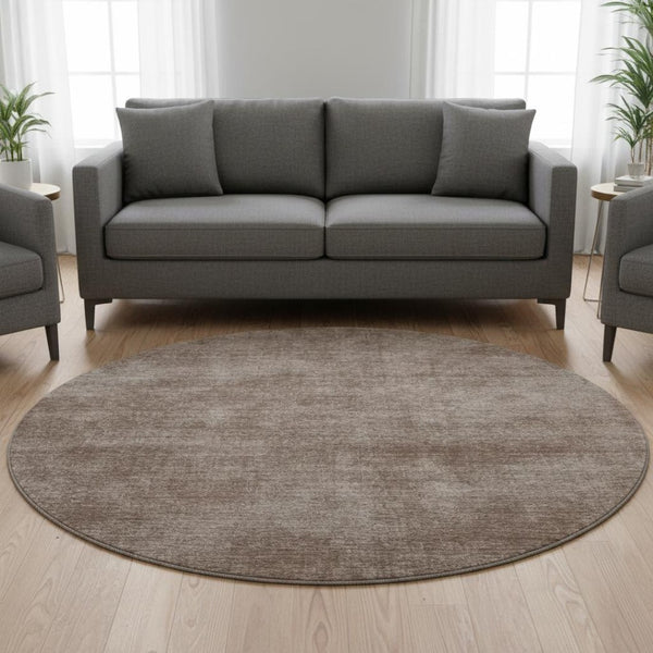 HomeRoots 8' Brown and Taupe Abstract Washable Round Rug - Durable, UV Protected, Stylish & Pet-Friendly Design 679920