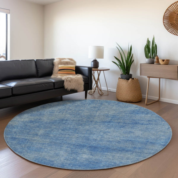 HomeRoots 8' Blue and Gray Abstract Washable Round Rug - Durable, Stain-Resistant, UV-Protected for Homes 679926