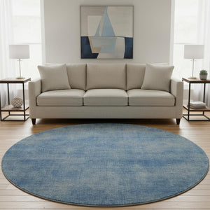 HomeRoots 8' Blue and Gray Abstract Washable Round Rug - Durable, Stain-Resistant, UV-Protected for Homes 679926