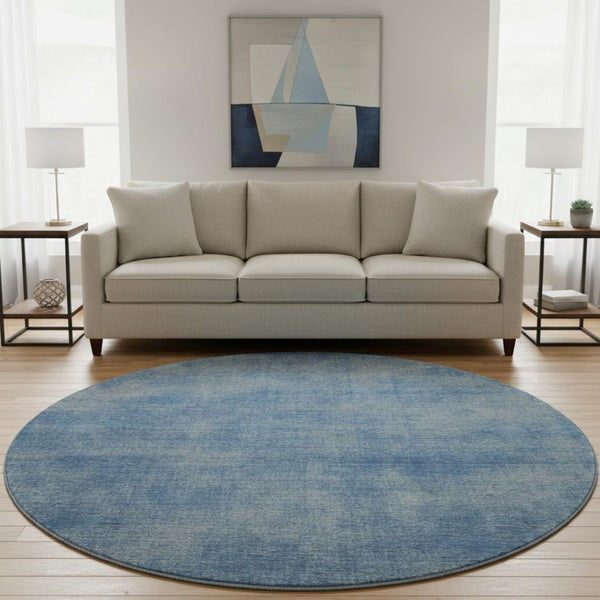 HomeRoots 8' Blue and Gray Abstract Washable Round Rug - Durable, Stain-Resistant, UV-Protected for Homes 679926
