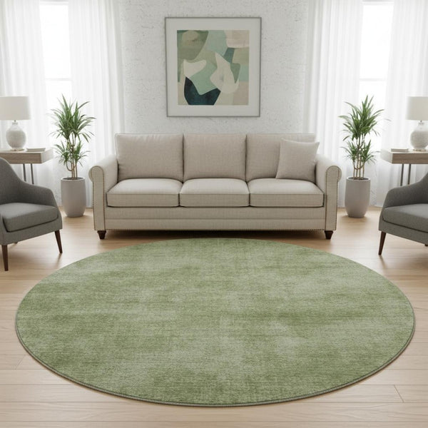 HomeRoots 8' Green and Ivory Abstract Round Rug - Washable, UV Protected, Stain Resistant, Durable Design 679938