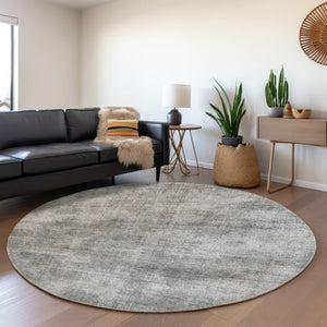 HomeRoots 8' Modern Gray and Silver Abstract Washable Round Rug with UV Protection for Stylish Living Spaces 679944