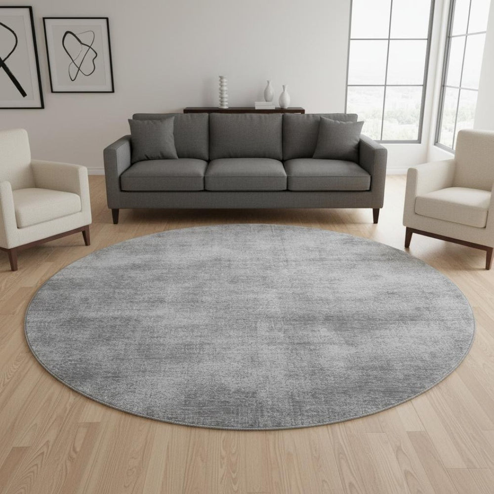 HomeRoots 8' Modern Gray and Silver Abstract Washable Round Rug with UV Protection for Stylish Living Spaces 679944