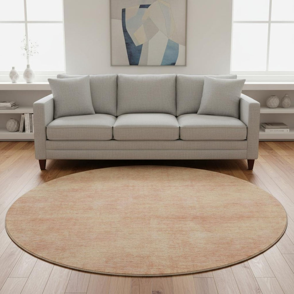 HomeRoots 8' Peach and Salmon Abstract Round Rug - Washable, UV Protected, Stain-Resistant for Modern Homes 679956