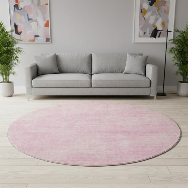 HomeRoots 8' Pink and Blush Abstract Round Rug - Washable, UV-Protected, Stain Resistant for Stylish Living Spaces 679962