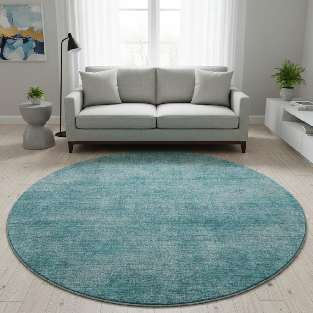 HomeRoots 8' Teal and Aqua Abstract Round Rug - Washable, UV-Protected, Stylish for Any Living Space! 679980