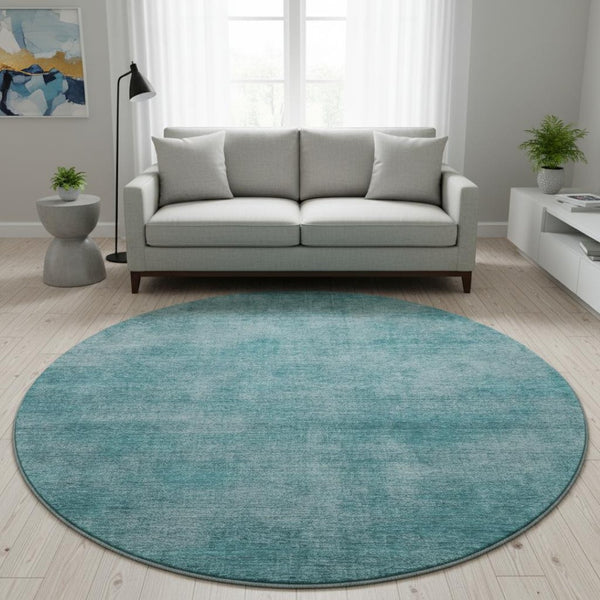HomeRoots 8' Teal and Aqua Abstract Round Rug - Washable, UV-Protected, Stylish for Any Living Space! 679980