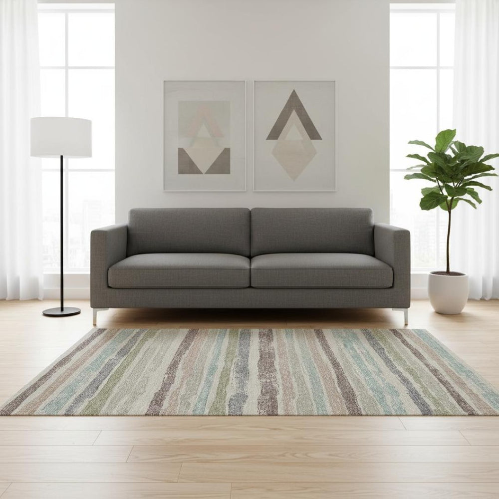 HomeRoots 5' X 8' Striped Area Rug in Beige, Plum & Ivory - Durable, Washable, UV Protected for Homes with Kids & Pets 679985