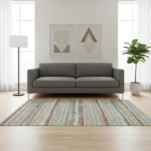 HomeRoots 5' X 8' Striped Area Rug in Beige, Plum & Ivory - Durable, Washable, UV Protected for Homes with Kids & Pets 679985