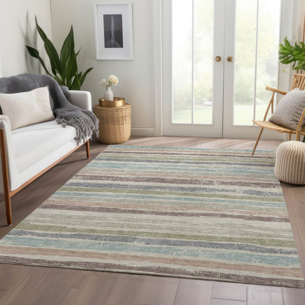 HomeRoots 5' X 8' Striped Area Rug in Beige, Plum & Ivory - Durable, Washable, UV Protected for Homes with Kids & Pets 679985