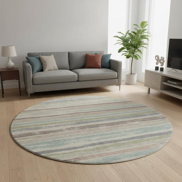 HomeRoots 8' Stylish Beige, Plum & Ivory Striped Round Rug - Washable, UV Protected, Ideal for High-Traffic Areas 679986