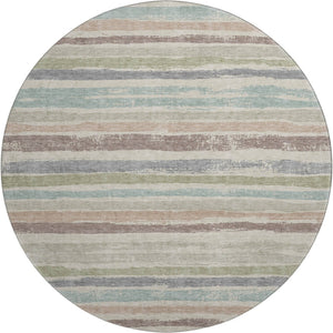 HomeRoots 8' Stylish Beige, Plum & Ivory Striped Round Rug - Washable, UV Protected, Ideal for High-Traffic Areas 679986
