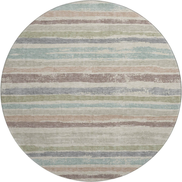HomeRoots 8' Stylish Beige, Plum & Ivory Striped Round Rug - Washable, UV Protected, Ideal for High-Traffic Areas 679986