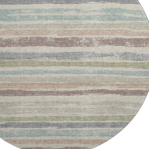 HomeRoots 8' Stylish Beige, Plum & Ivory Striped Round Rug - Washable, UV Protected, Ideal for High-Traffic Areas 679986