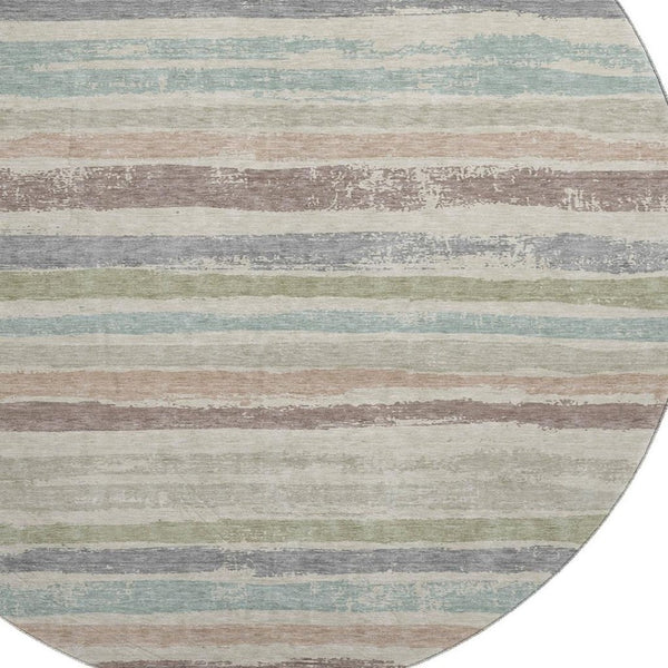 HomeRoots 8' Stylish Beige, Plum & Ivory Striped Round Rug - Washable, UV Protected, Ideal for High-Traffic Areas 679986