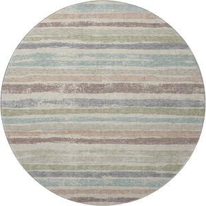 HomeRoots 8' Stylish Beige, Plum & Ivory Striped Round Rug - Washable, UV Protected, Ideal for High-Traffic Areas 679986