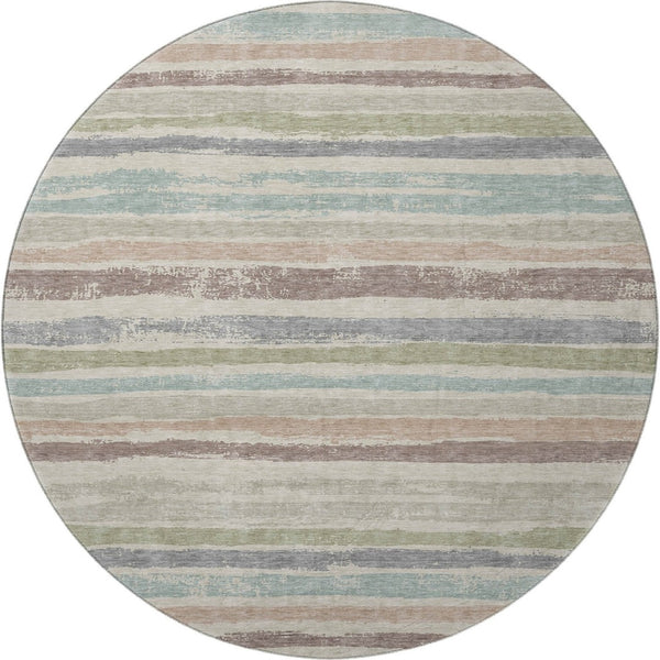 HomeRoots 8' Stylish Beige, Plum & Ivory Striped Round Rug - Washable, UV Protected, Ideal for High-Traffic Areas 679986