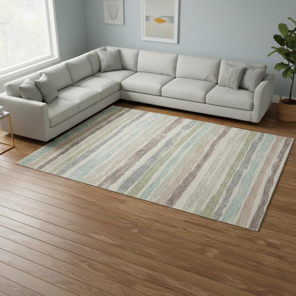 HomeRoots 8' X 10' Beige Plum And Ivory Striped Washable Area Rug - UV Protected, Stain Resistant & Durable! 679987