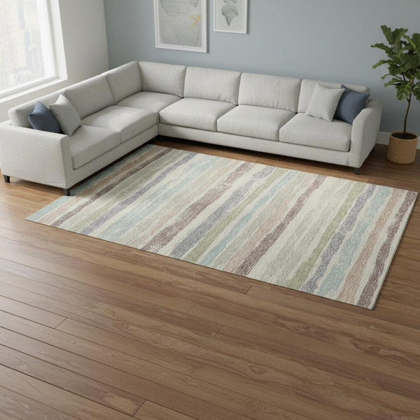 HomeRoots 9' X 12' Beige, Plum & Ivory Striped Washable Area Rug with UV Protection for Family-Friendly Homes 679988