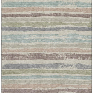 HomeRoots 9' X 12' Beige, Plum & Ivory Striped Washable Area Rug with UV Protection for Family-Friendly Homes 679988