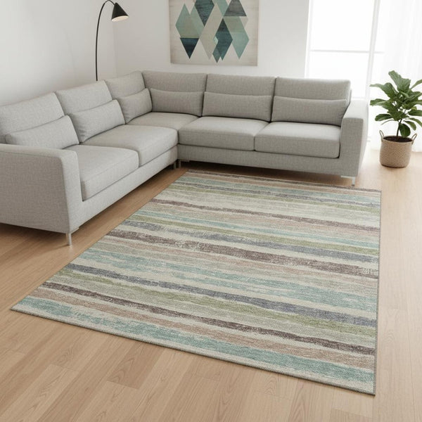 HomeRoots 10' X 14' Beige, Plum & Ivory Striped Washable Area Rug with UV Protection for Busy Homes & Spaces 679989
