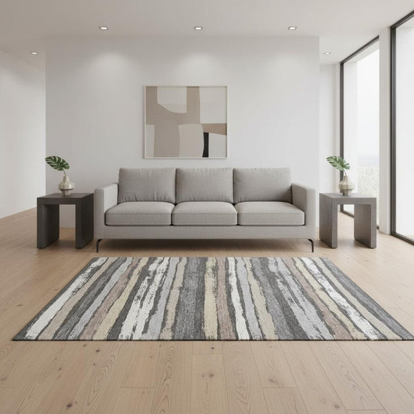 HomeRoots 5' Charcoal Gray and Beige Striped Washable Area Rug - Durable, UV Protected, Perfect for Families! 679991