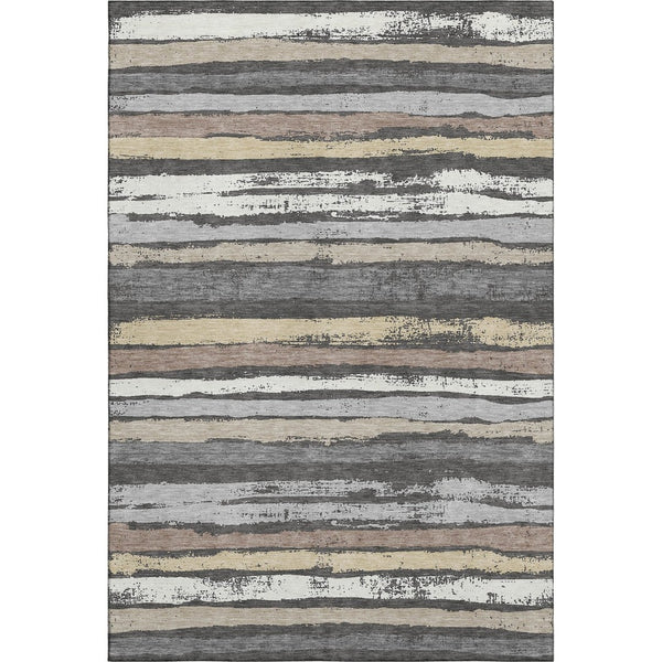 HomeRoots 5' Charcoal Gray and Beige Striped Washable Area Rug - Durable, UV Protected, Perfect for Families! 679991